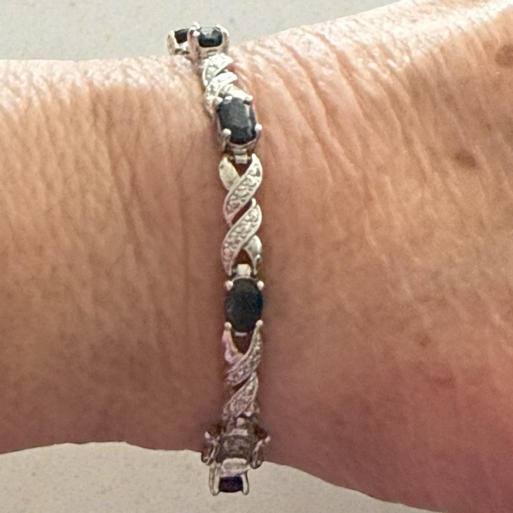 Vintage 925 R Silver and Sapphire Tennis Bracelet with Safety Clasp - Picture 2 of 6